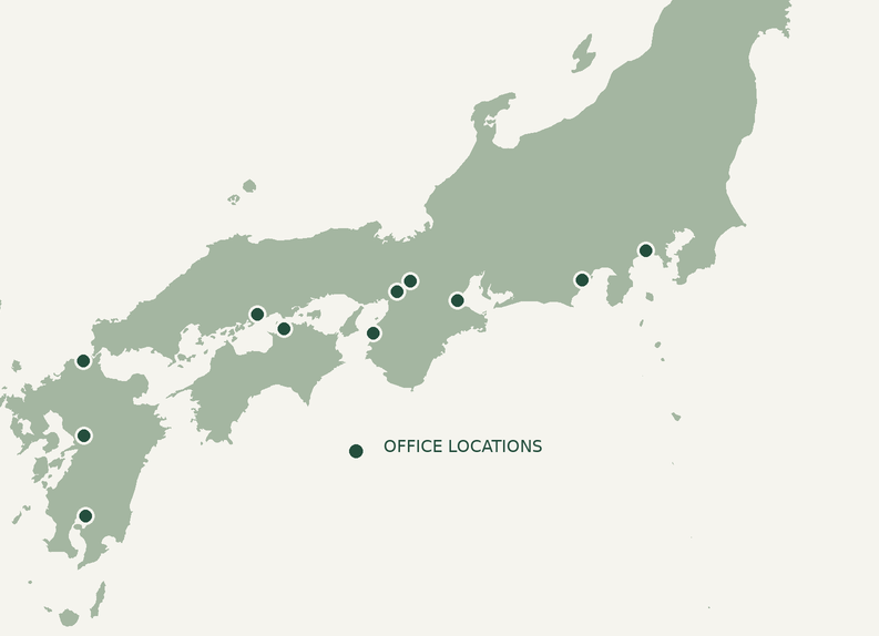 共遊商事の営業所所在地を示す日本地図